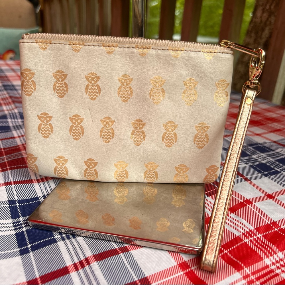 Fossil WRISTLET Ivory with Gold Owls and Removable Strap, cow hide leather trim
